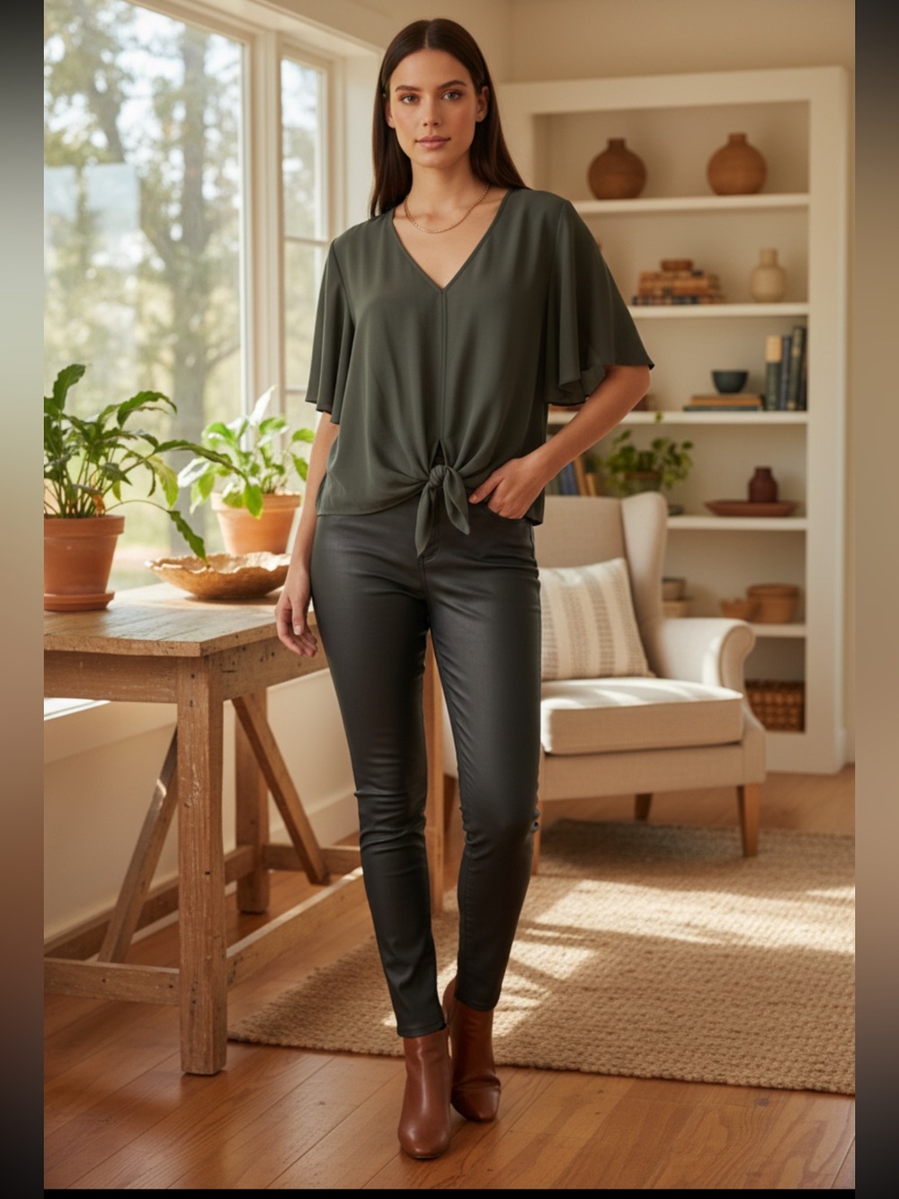 Olive V-Neck Front Tie Blouse S-M Oversized
Retail $39